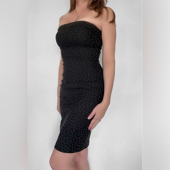 Betsey Johnson Vintage Floral denim black strapless Dress - Picture 1 of 13